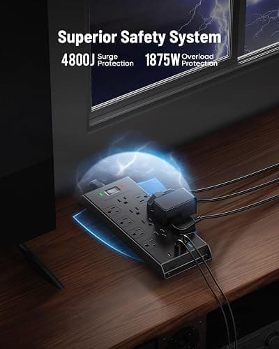 Surge Protector Power Strip 4800J, LeZone 10Ft Long Extension Cord Flat Plug, 12 Outlets 2 USB C 2 USB Ports, Wall Mountable, 20W Desk Charging Station, Black thumbnail 4