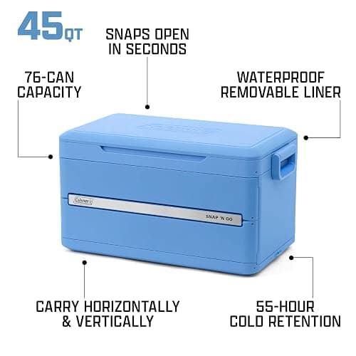 Coleman Snap N Go 45qt Collapsible Hard Cooler, Keeps ice Cold for up to 55 Hours, Holds up to 76 cans, Collapses up to 1/3 its Size, Can Hold up to 200 pounds, Blue Sky thumbnail 7