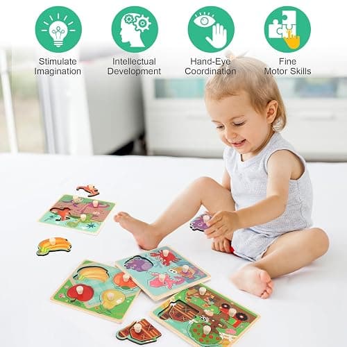 Wooden Peg Puzzles for Toddlers 1-3, Kids' Educational Preschool Peg Puzzle Toy, Set of 4 Toddler Puzzles - Farm, Dinosaur, Fruit and Marine Animals, Ideal Gift for Ages 1 2 3 Boys and Girls - Style a thumbnail 7