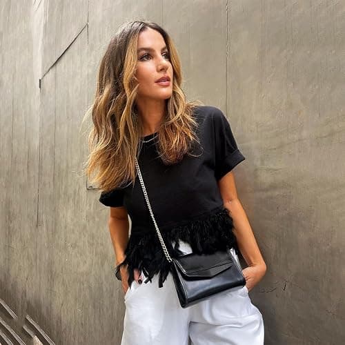 Trendy Feather Hem T Shirts for Women 2025 Cropped Running Cute Loose Fit Tops Summer Feather Trim Tshirt Casual Crop thumbnail 6