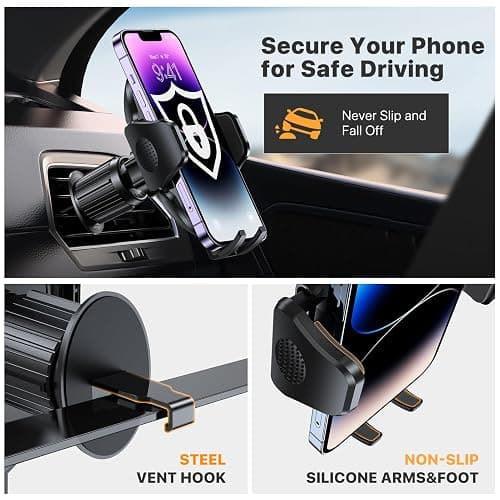 Miracase Phone Holders for Your Car with Metal Hook Clip, Air Vent Cell Phone Car Mount, Universal Automobile Cradle Fit for iPhone Android and All Smartphones, Dark Black - Dark Black thumbnail 3