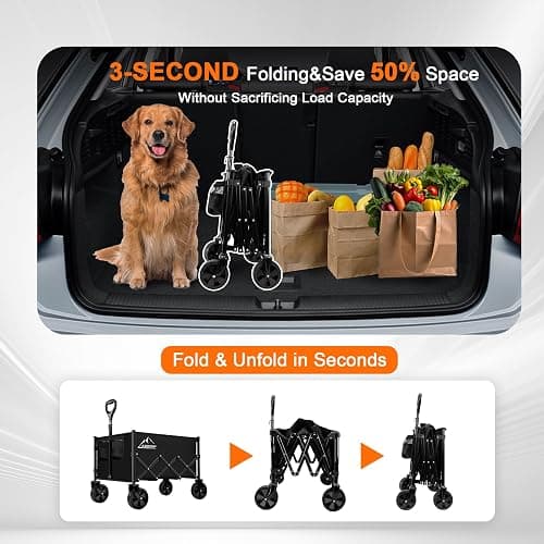 Collapsible Folding Wagon Cart, 350LBS Utility Large Capacity Cart Foldable Wagon with All Terrain Wheels, Grocery Wagons Carts for Garden Shopping Sports Camping, Black thumbnail 8