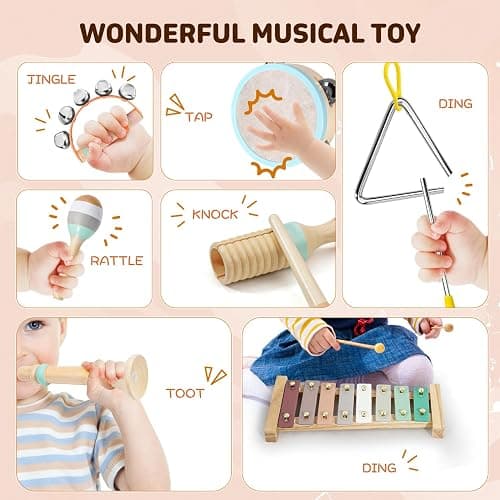 LeeQee Montessori Toys for 1 2 3 Year Old - Wooden Toys Baby Musical Instruments, Neutral Colors Percussion Instruments Set with Modern Boho Xylophone for Toddlers 3+ Music Education thumbnail 4