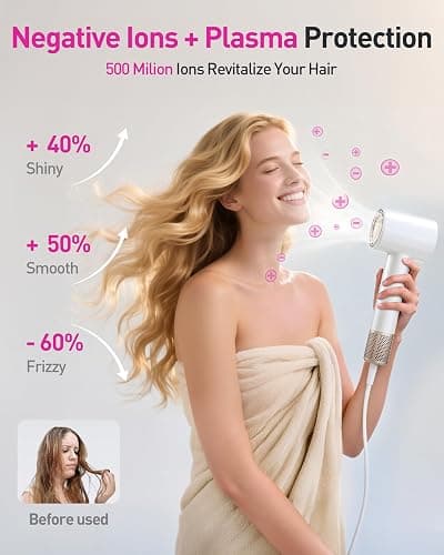 High-Speed Hair Dryer, 160,000 RPM Brushless Motor for Ultra-Fast Drying,500M Ionic Negative for Frizz Reduce, Low Noise Thermo-Control Blow Dryer with Diffuser for Curly Hair Women and Men,White thumbnail 2