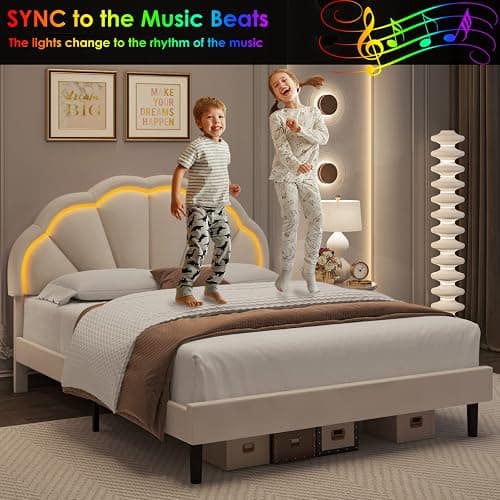 HIFIT Queen Upholstered Smart LED Bed Frame with Adjustable Chic Petal Headboard, Soft Princess Queen Size Platform Bed Frame for Girls, Wooden Slat Support, No Box Spring Needed, Easy Assembly, Beige - Queen - Beige thumbnail 3