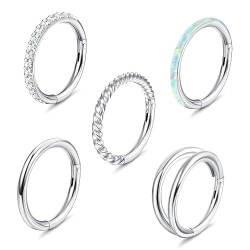 Jstyle 5Pcs 18G 16G Surgical Steel Nose Rings Hoop for Women Opal CZ Clicker Hinged Septum Nose Ring Lip Helix Cartilage Hoop Earring Daith Rook Conch Piercing Jewelry for Women 8mm 10mm - Image 1