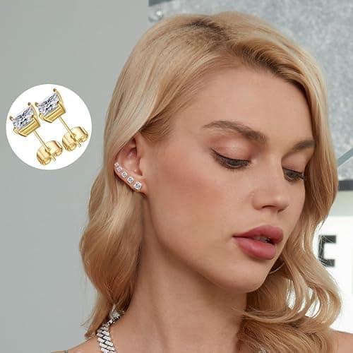 Gemsme 5 Pairs Princess Cut Cubic Zirconia Stud Earrings for Women/Men - 18K Gold Plated Hypoallergenic 3-7mm Square Clear CZ Earring Set thumbnail 4