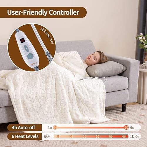 Bearhug Heated Throw Blanket, 50"×60" Electric Throw, White Flower Patterns Faux Fur & Warm Sherpa, 4h Auto-Off Timer & 6 Heating Levels, ETL Certified, Machine Washable, Gift Box thumbnail 3