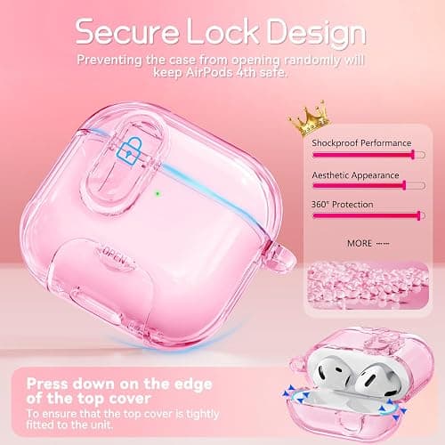 Clear Case for AirPods 4 Case Cover with Safety Lock,Soft TPU Cover with Phone Stand & Cleaning Kit,Cute Bling Keychain for Women Girls-Clear Pink thumbnail 4