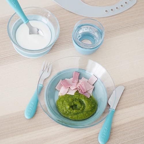 BEABA 3-Piece Glass Meal Set with Silicone Suction, Toddler Plate and Baby Bowls with Suction, Non Slip Kids Dinnerware Set, 2.5x Stronger than Regular Glass, (Rain) thumbnail 6