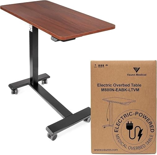 Vaunn Medical Electric Overbed Table Bedside Height Adjustable Table with Wheels (Electric-Powered, Hospital and Home Use) - Brown (Organic Modern) thumbnail 7