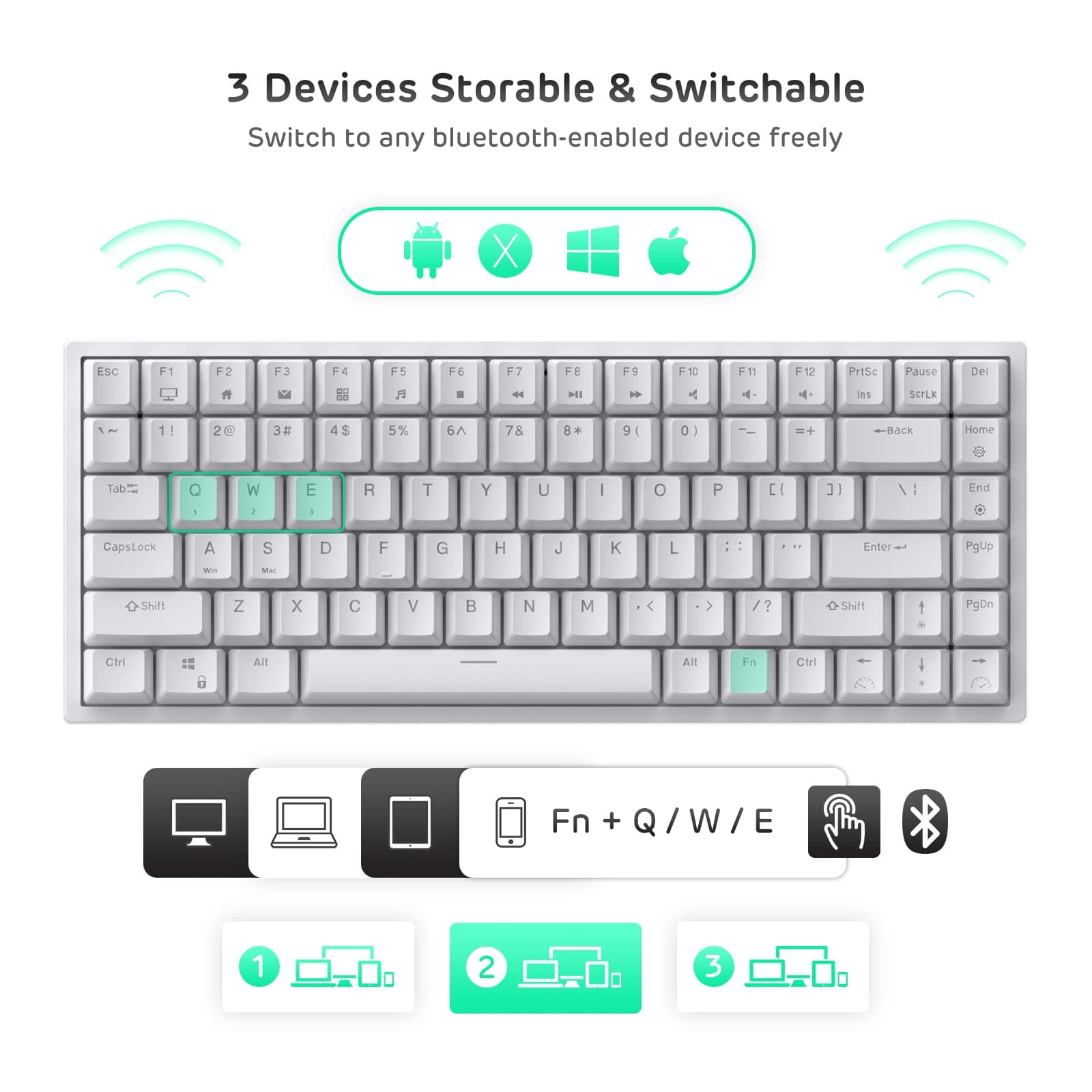 RK ROYAL KLUDGE RK84 Wireless Bluetooth/2.4Ghz 75% RGB Mechanical Gaming Keyboard, Three Modes Connectable Keyboard with Hot-Swappable Quiet Red Switch White thumbnail 5
