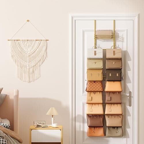 SWTYMIKI Over the Door Purse Organizer - Wall Mounted Handbag Organizer with 16 Hooks and Metal Basket, Hanging Purse Storage Rack Holds up to 16 Bags, Bag Rack Can Use As 1/2 Part, for Door, Closet thumbnail 2