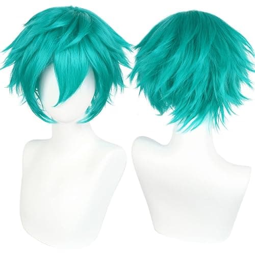 ANOGOL Hair Cap + Short Teal Green Men's Cosplay Turquoise Wig for Cosplay Men Teal Bluish Green Wigs for Halloween Christmas Event Costume Party - Image 1