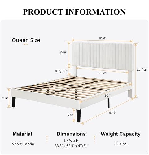 SHA CERLIN Queen Upholstered Platform Bed Frame with Vertical Channel Tufted Velvet Fabric Adjustable Headboard, Wooden Slats Support, Mattress Foundation, Box Spring Optional, White thumbnail 2