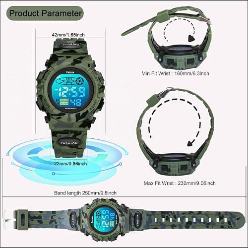 Facasu Kids Watch Digital for Boys-Waterproof Kids Sports Watch with Light, Alarm&Snooze,Stopwatch Military Design Silicone Band Gift for Birthdays,Christmas Outdoor Activities(8+ Years) thumbnail 5