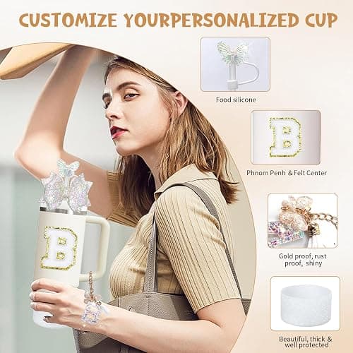 Liangang 7PCS White Cup Accessories Set For Stanley 30oz 40oz,Including Boot,Spill Proof Stopper,Butterfly Straw Cover,Sticker Letter,Letter Charms (white B) thumbnail 4