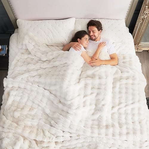 Cozy Bliss Faux Fur Throw Blanket for Bed King Size, Fuzzy Soft Plush Thick Bubble Blanket for Sofa Bedroom Living Room, 108 * 90 Inches Cream White thumbnail 4
