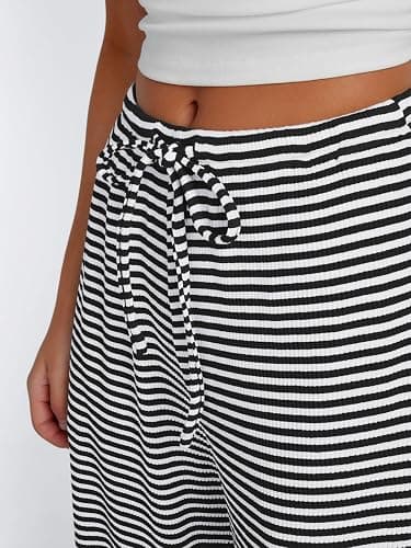 Trendy Queen Womens Striped Ribbed Wide Leg Pants Casual Drawstring Elastic Waist Baggy Sweatpants with Pockets thumbnail 5