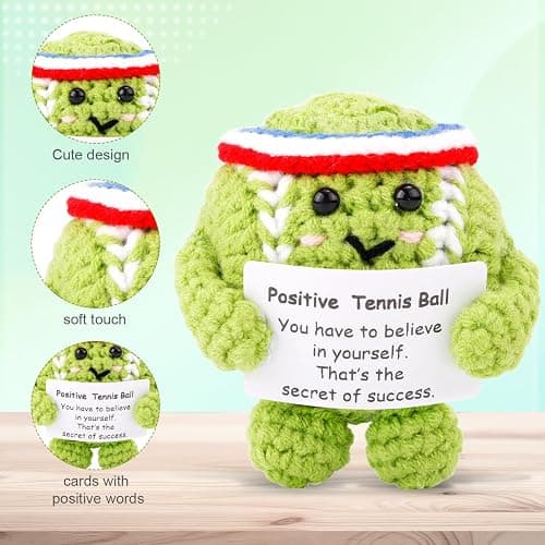 Positive Tennis Ball, Cute Funny Crochet Inspirational Tennis Ball Positive Knitted Animal Doll Crochet Toy with Positive Card for Sports Lover Friends Party Decorations thumbnail 4