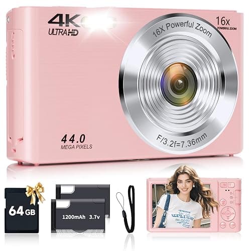 Digital Camera, FHD 4K Autofocus Digital Camera Pink with 64GB SD Card 16X Zoom, 2026 Upgraded Compact Cameras for Photography Point and Shoot Small Camera for Teen Boys Girls Kids Travel Adventures - Image 1