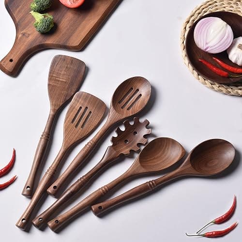 Gudamaye 12 inch Black Walnut Wooden Utensils - 6 Pcs Crafting Spoon Set for Cooking thumbnail 2