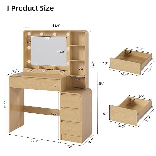 TOKSOM Vanity Table with Drawer Dresser, 39.3”Farmhouse Vanity Makeup Desk with Charging Station, Vanity Desk with Lights Mirror & 5 Drawers for Makeup, Vanity Desk with Multi Storage Shelves Natural thumbnail 2