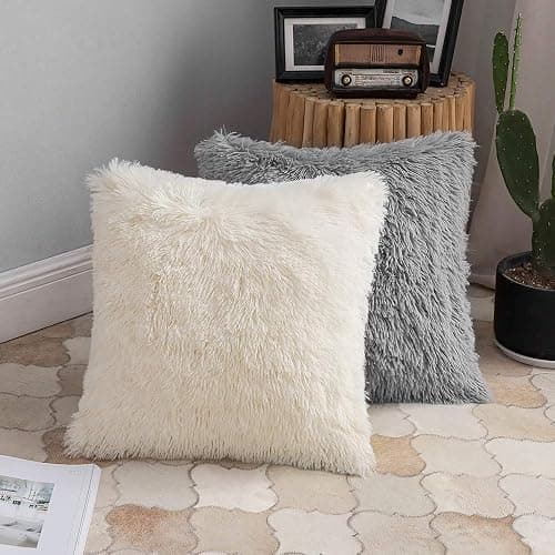 ANRODUO Pack of 2 Beige Throw Pillows Luxury Fluffy Pillows Faux Fur Decorative Pillows Plush Cushion Case Fuzzy Mongolian Merin Style for Bed Couch Sofa and Living Room Fall Home Decor 18x18 Inch thumbnail 5
