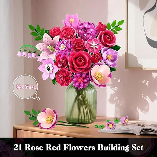 CUBIMANA Flowers Bouquet Building Set with Light - 21 Rose Red Botanical Collection Building Block Set for Adults, 832 PCS Flower Plant Kit for Home Decor, for Her Women Girls Kids 12+ thumbnail 3