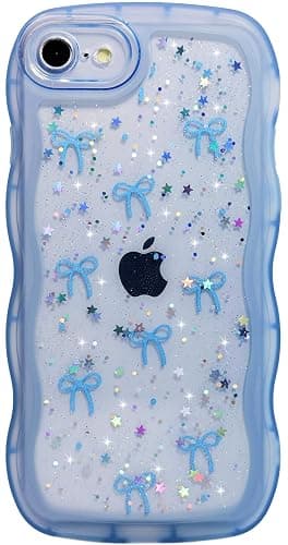 Qokey for iPhone SE(2020/2022) & 8/7 Case - Glitter Star & Curved Edge Handle Grip Design, Military-Grade Shockproof Clear TPU Cover, Sparkle Protection + Scratch-Resistant, Holographic Blue Bow - Image 1