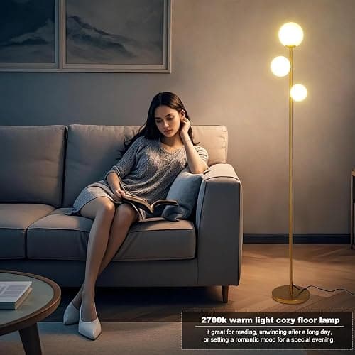 Fiqevs 3 Globe Mid Century Modern Floor Lamp for Living Room, Gold Standing Lamp with Frosted Glass Shade and 3x2700K Warm LED Bulbs, Vintage Retro Tall Lamps for Bedrooms, Office - Antique Brass thumbnail 3