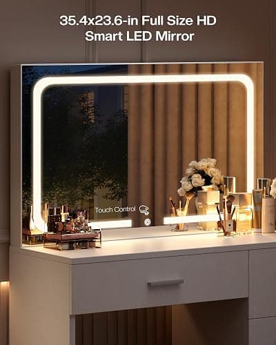 LIVELYGLOW Makeup Vanity Desk Set, White, 35.4“W x 15.7" D x 53.9" H (Large Smart LED Mirror, with Cushion Stool, Hairdryer Rack, Power-Outlet, 4 Drawers) thumbnail 8