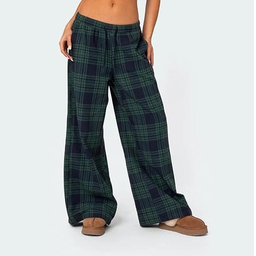 Women's Plaid Pajama Pants Low Rise Gingham Lounge Pants Plaid Pj Pants Sleep Bottoms Wide Leg Trousers Streetwear - Baggy Blue - Small thumbnail 2