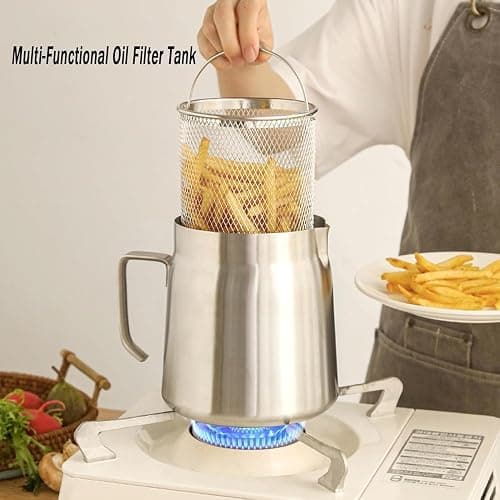 68oz 304 Stainless Steel Deep Fryer Pot with Basket & Strainer, Large Capacity Bacon Grease Container for Kitchen,Frying, Cooking, Camping,Oil Filter Container - Dishwasher Safe (68oz/2L/2.1Qt) thumbnail 2