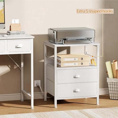 Furologee Night Stand with Charging Station, Bedside Table with Fabric Drawers, End Table with USB Ports & Outlets, White Nightstand with Storage Shelf & Hooks, for Living Room/Bedroom, White thumbnail 7