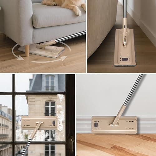 MASTERTOP Mocio Lavapavimenti e Secchio Strizzatore, Mocio Piatto Rotante a 360° e Secchio Autolavaggio, Mop a Mani Libere in Microfibra , con 6 Tamponi Riutilizzabili (Beige) thumbnail 6