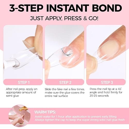 Super Strong Nail Glue for Press On Nails: 10g Semi Nail Glue with 12ml Glue Remover Kit, Quick Dry, No UV Lamp Needed with Gentle Non-Acetone Remover, Long Lasting for Acrylic Fake Nails Tips thumbnail 6