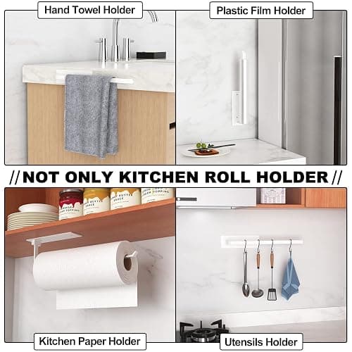 White Kitchen Roll Holder Under Cabinet, Self-Adhesive Paper Towel Holder, Wall Mounted Paper Towel Rack, Suitable for Pantry, Kitchen, Bathroom thumbnail 5