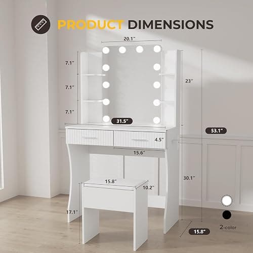 Otterease Vanity Desk with LED Lighted Mirror, Makeup Vanity with 3 Adjustable Lights, 2 Large Drawers and 4 Open Shelves, White Vanity with Storage Stool for Bedroom thumbnail 2