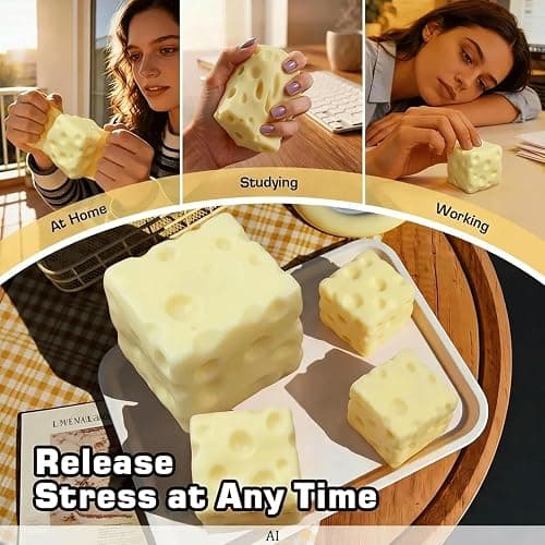 Cheese Squishy Toys, Slow Rising Stress Relief Gifts for Adults, 2.96Inch | Soft Cheese Squishy Help Calm Anxiety. Easy to Clean, Portable, Safe TPR Material. Ideal for Office Home Travel, Light Yellow thumbnail 5