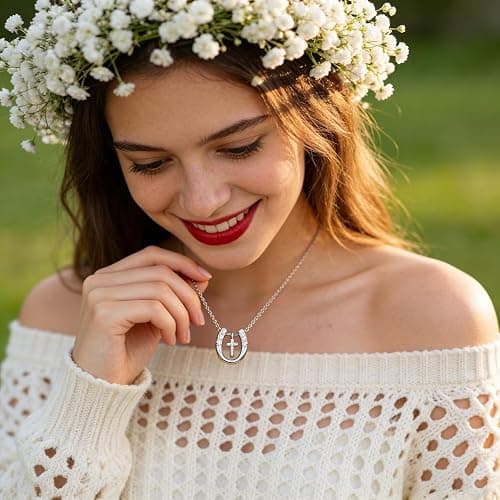 leejory Horse Gifts for Teens Women, Trendy Christian Religious Good Luck Protection Stuff Spiritual Gift for Women Faith and Horses Lover, 17.5in+2in Cross Horseshoe Necklace Female Friend Family thumbnail 2