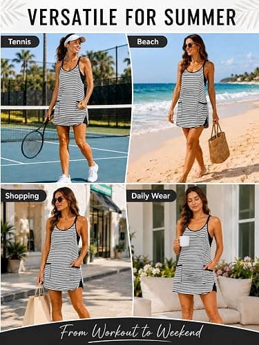 Women's Summer Striped Athletic Dress with Built-in Shorts Front Pockets thumbnail 6