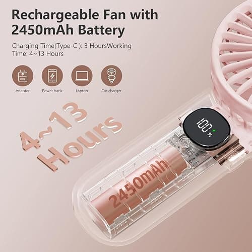 xigmer Portable Fan, 2-Pack Rechargeable Handheld Fans with 12H Battery, 5-Speed 180° Foldable USB Fan, Cooling Face Fan with Lanyard for Makeup & Travel, Camping, Hiking -Pink & Purple thumbnail 2