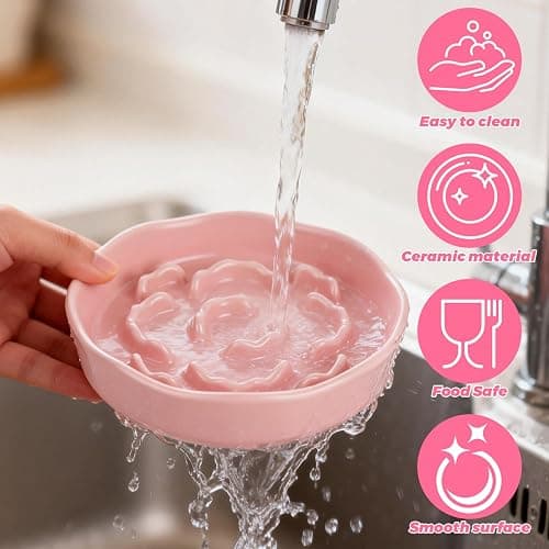Ghligna 4Pcs Ceramic Cat Slow Food Feeder, 6 Inch Slow Feeder for Small Dogs, Cat Food Bowl for Dry Food and Wet Food, White and Pink thumbnail 3