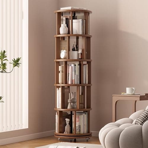 Muwuele Solid Wood Rotating Bookshelf on Wheels, 5 Tier, Round Revolving Bookcase, 360° Spinning Book Shelf Tower for Kids, Narrow Rolling Bookshelves for Small Space, Corner, Bedroom, Office, Walnut - Image 1