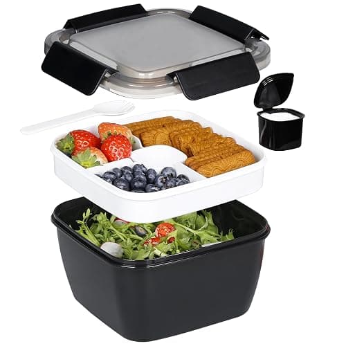 Greentainer Lunchbox Auslaufsichere Bento Box mit 1 Gabel, Salatbehälter mit Dressingbehälter, 3 Fächer Salatbox-to-go für Schule,Arbeit,Picknick, Reisen,Camping (Schwarz, 1500 ML) - Image 1