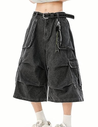 IEODD Mens Baggy Jean Shorts Y2k Summer Loose Denim Jorts Wide Leg Long Cargo Shorts Streetwear Women thumbnail 4