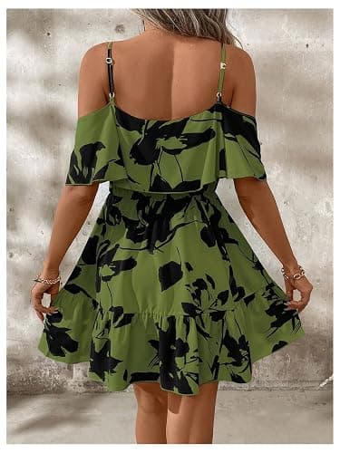 SOLY HUX Women's Boho Floral Print Cold Shoulder Dress Short Sleeve Ruffle A Line Vacation Elegant Mini Dresses thumbnail 2