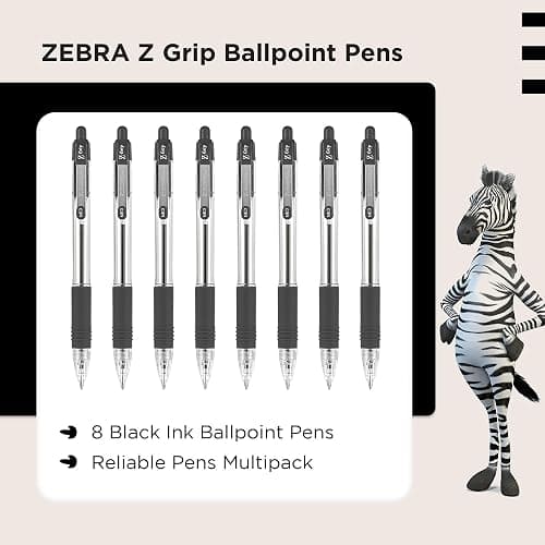 Zebra Pen Z Grip Black Ballpoint Pens with Pocket Clip 8pk, Retractable Black Ink Ballpoint Pens, Reliable Black Biro Pens Multipack for Everyday Use Design, New Pack Size 8pk thumbnail 2