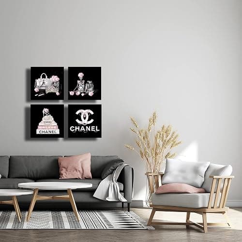 Meetdeceny Black And White Wall Art/Pink Book Pictures Room Decor for Teen Girls/Women Handbag Perfume Wall Decor for Living Room/Fashion Canvas Artwork Size 10"x 10"x 4 Pieces thumbnail 4
